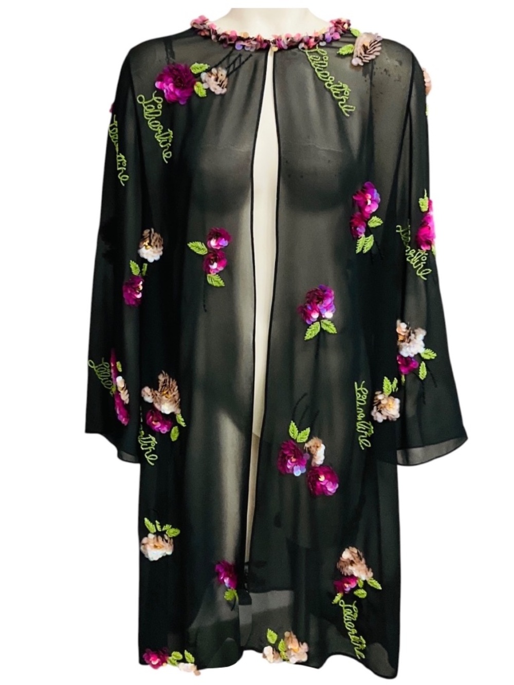 LIBERTINE BLACK MULTI BEAD AND SEQUIN EMBELLISHED SHEER SILK CHIFFON JACKET